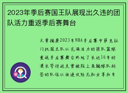 2023年季后赛国王队展现出久违的团队活力重返季后赛舞台