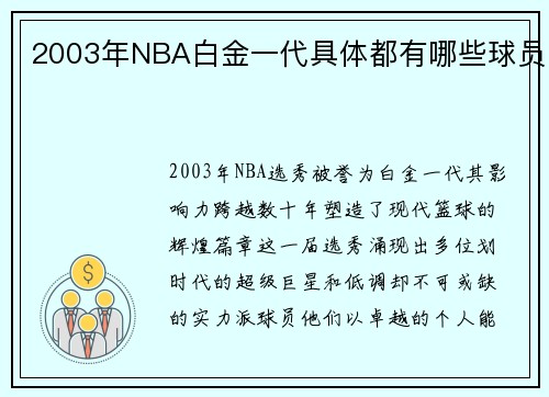 2003年NBA白金一代具体都有哪些球员